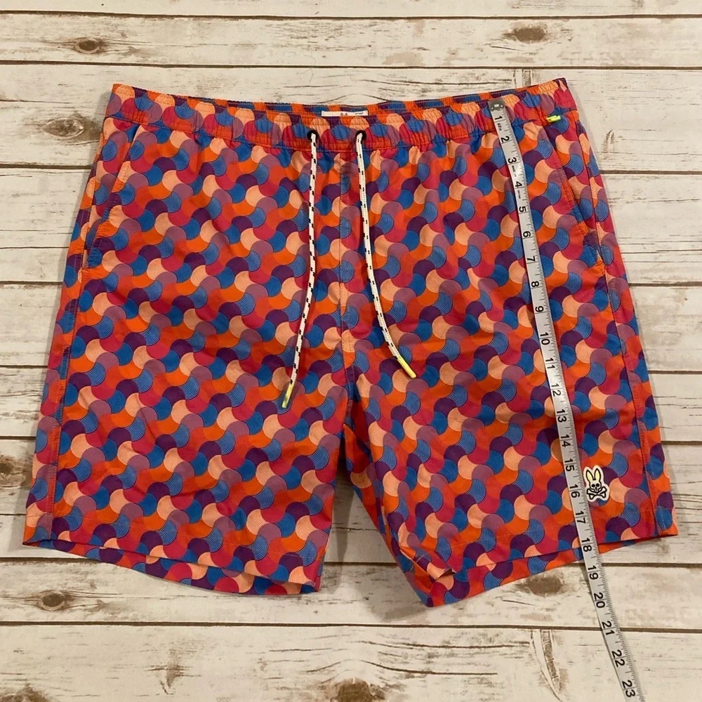 Psycho Bunny Orange Red Blue Geometric Swim Trunks